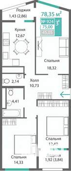 3-к квартира, строящийся дом, 78м2, 9/9 этаж