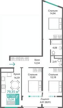 3-к квартира, строящийся дом, 79м2, 3/9 этаж