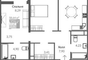 2-к квартира, вторичка, 59м2, 7/16 этаж