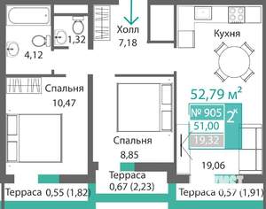 2-к квартира, строящийся дом, 53м2, 9/9 этаж