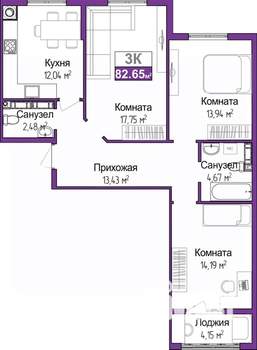 3-к квартира, вторичка, 81м2, 5/9 этаж