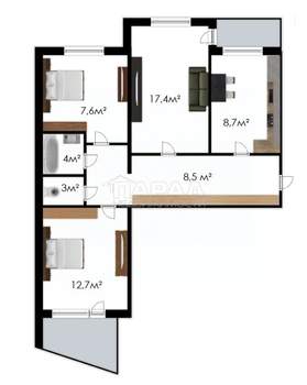 3-к квартира, вторичка, 68м2, 8/9 этаж