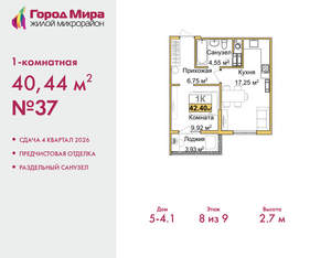 1-к квартира, вторичка, 40м2, 8/9 этаж