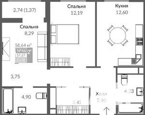 2-к квартира, строящийся дом, 59м2, 7/10 этаж