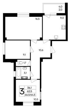 3-к квартира, строящийся дом, 67м2, 2/9 этаж