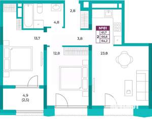 2-к квартира, вторичка, 64м2, 10/20 этаж