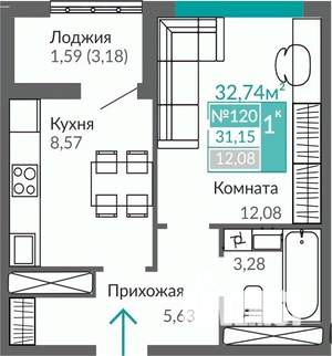 1-к квартира, строящийся дом, 31м2, 9/9 этаж