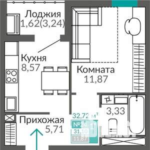 1-к квартира, вторичка, 31м2, 4/9 этаж