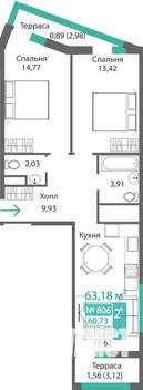 2-к квартира, строящийся дом, 63м2, 8/9 этаж