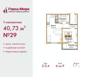 1-к квартира, вторичка, 41м2, 6/9 этаж
