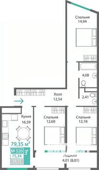 3-к квартира, строящийся дом, 79м2, 5/9 этаж