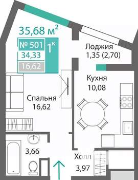 1-к квартира, строящийся дом, 36м2, 5/9 этаж