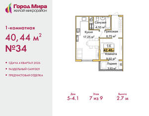 1-к квартира, вторичка, 40м2, 7/9 этаж