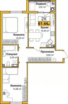 2-к квартира, сданный дом, 60м2, 5/9 этаж