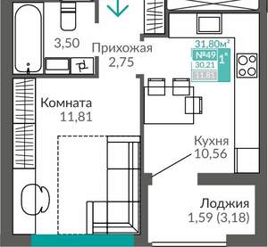 1-к квартира, вторичка, 30м2, 7/9 этаж