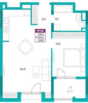1-к квартира, вторичка, 59м2, 7/20 этаж