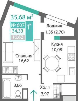 1-к квартира, строящийся дом, 36м2, 6/9 этаж