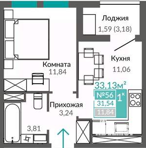 1-к квартира, строящийся дом, 32м2, 3/9 этаж