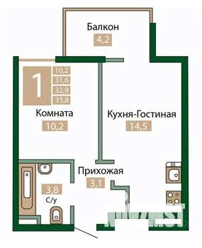 1-к квартира, вторичка, 36м2, 7/12 этаж