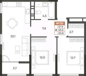 2-к квартира, вторичка, 64м2, 7/8 этаж
