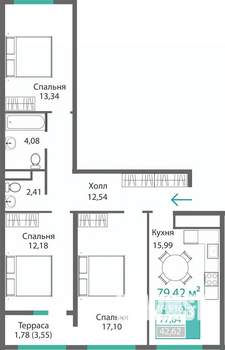3-к квартира, строящийся дом, 79м2, 9/9 этаж