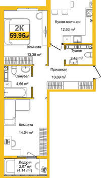 2-к квартира, вторичка, 60м2, 9/9 этаж