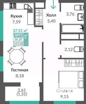 1-к квартира, строящийся дом, 38м2, 10/16 этаж