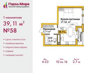 1-к квартира, вторичка, 39м2, 10/16 этаж