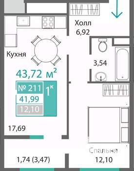 1-к квартира, строящийся дом, 42м2, 2/9 этаж