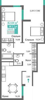 2-к квартира, вторичка, 69м2, 1/8 этаж