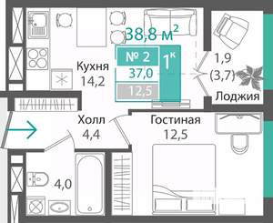 1-к квартира, строящийся дом, 37м2, 14/16 этаж