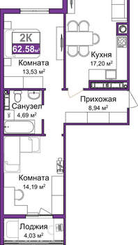 2-к квартира, вторичка, 61м2, 9/9 этаж