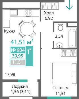 1-к квартира, строящийся дом, 42м2, 9/9 этаж