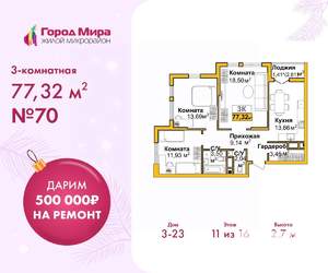 3-к квартира, вторичка, 77м2, 11/16 этаж