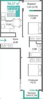 2-к квартира, строящийся дом, 56м2, 9/9 этаж