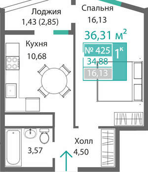 1-к квартира, вторичка, 36м2, 4/9 этаж