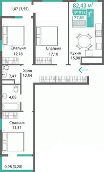 3-к квартира, строящийся дом, 78м2, 9/9 этаж