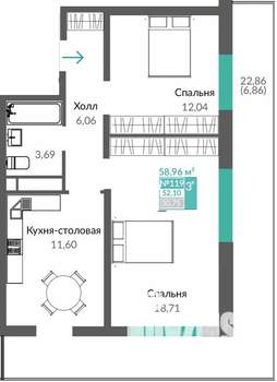 2-к квартира, строящийся дом, 59м2, 15/16 этаж