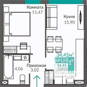 1-к квартира, строящийся дом, 34м2, 1/9 этаж