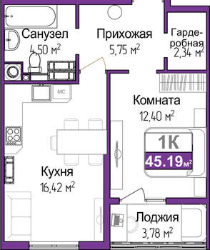 1-к квартира, вторичка, 43м2, 9/9 этаж