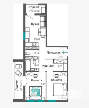 2-к квартира, вторичка, 64м2, 8/9 этаж