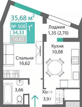 1-к квартира, строящийся дом, 36м2, 3/9 этаж