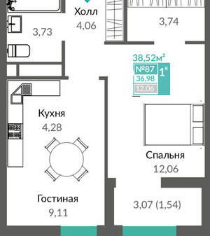 1-к квартира, вторичка, 39м2, 12/16 этаж