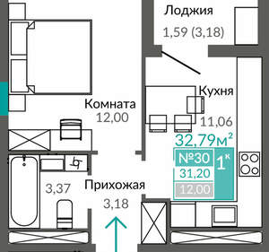 1-к квартира, вторичка, 31м2, 5/9 этаж