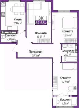 3-к квартира, вторичка, 81м2, 8/9 этаж