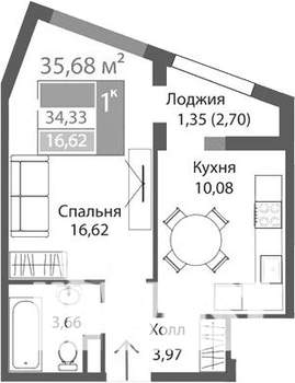 1-к квартира, вторичка, 36м2, 5/9 этаж