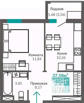1-к квартира, строящийся дом, 36м2, 7/9 этаж