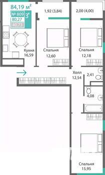 3-к квартира, вторичка, 80м2, 8/9 этаж