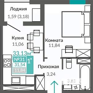 1-к квартира, строящийся дом, 32м2, 8/9 этаж
