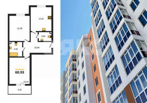2-к квартира, сданный дом, 61м2, 8/9 этаж